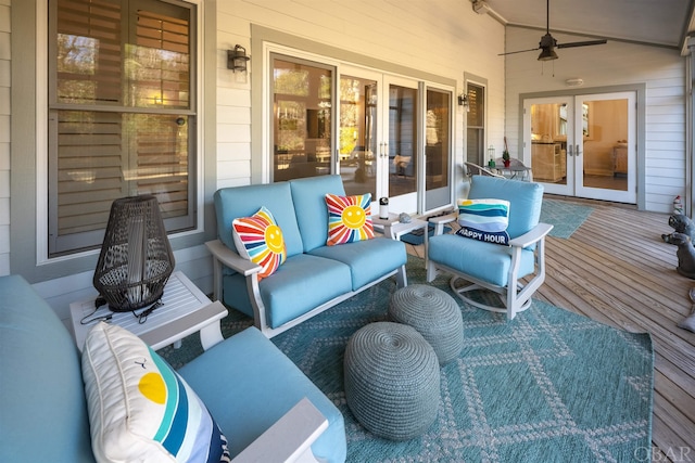 view of patio with ceiling fan and french doors