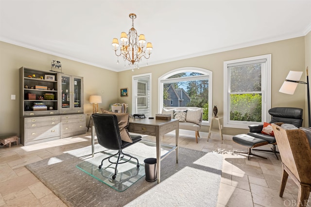 office space featuring a notable chandelier, stone tile floors, ornamental molding, and baseboards