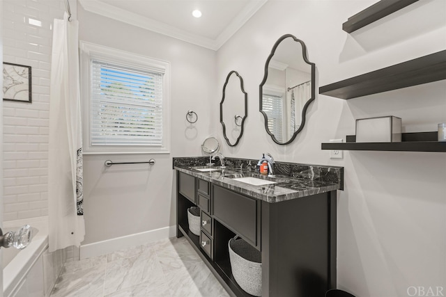 bathroom featuring baseboards, ornamental molding, marble finish floor, shower / bathtub combination with curtain, and vanity