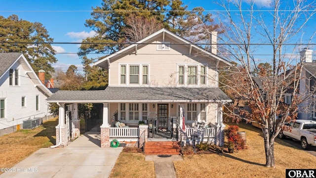 view of front of home featuring a shingled roof, concrete driveway, central air condition unit, a porch, and a carport