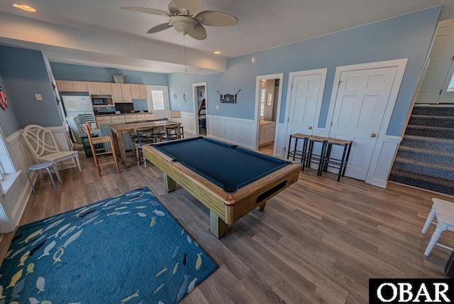 22183 Sea Gull St Lot 13, Rodanthe, NC 27968 - recreation room with pool table, wainscoting, wood finished floors, and a ceiling fan