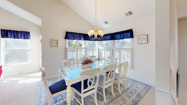 dining area featuring visible vents, vaulted ceiling, carpet flooring, and an inviting chandelier