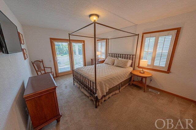 carpeted bedroom with access to outside, visible vents, and baseboards