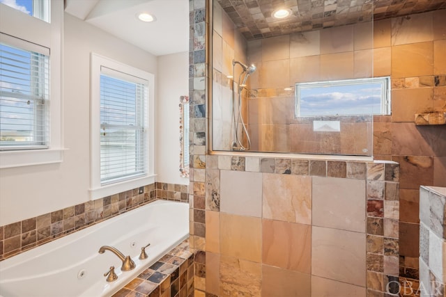 full bathroom featuring tiled shower, a jetted tub, and recessed lighting