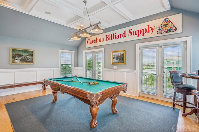 playroom with visible vents, coffered ceiling, lofted ceiling with beams, wood finished floors, and pool table