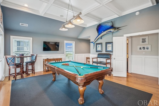 playroom featuring pool table, coffered ceiling, wood finished floors, visible vents, and beamed ceiling