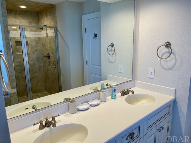 bathroom featuring a sink, a shower stall, and double vanity