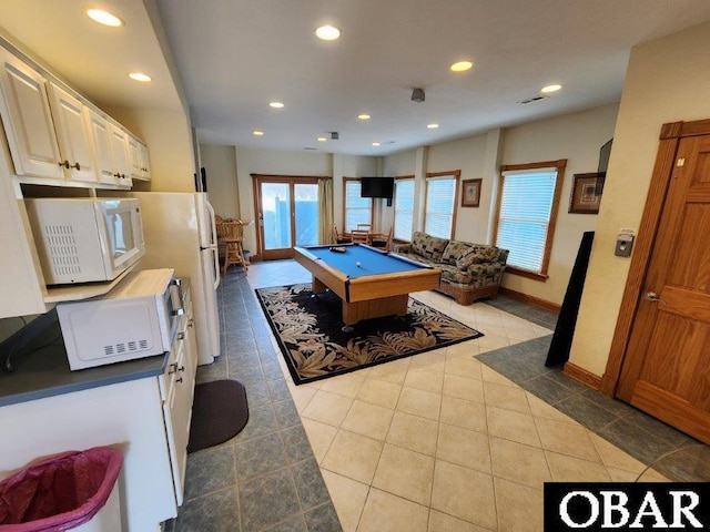 rec room featuring light tile patterned floors, visible vents, baseboards, pool table, and recessed lighting