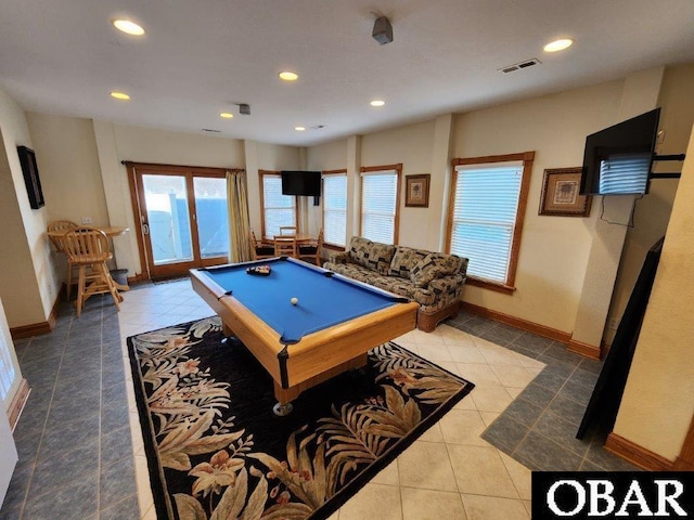 rec room with tile patterned flooring, visible vents, baseboards, and recessed lighting