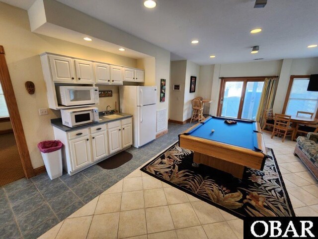 game room with billiards, tile patterned floors, a sink, and recessed lighting