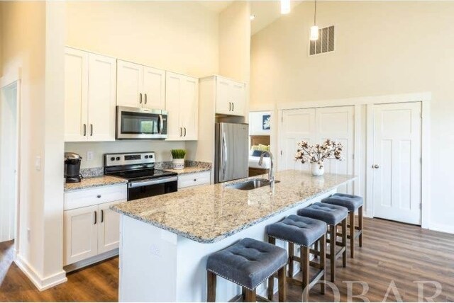 kitchen with white cabinets, an island with sink, stainless steel appliances, pendant lighting, and a sink