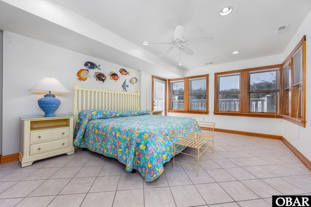 bedroom with light tile patterned floors, recessed lighting, visible vents, and baseboards