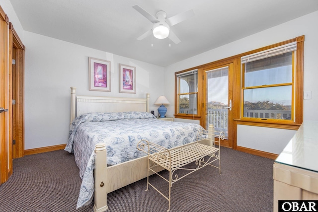 bedroom with ceiling fan, baseboards, and dark colored carpet