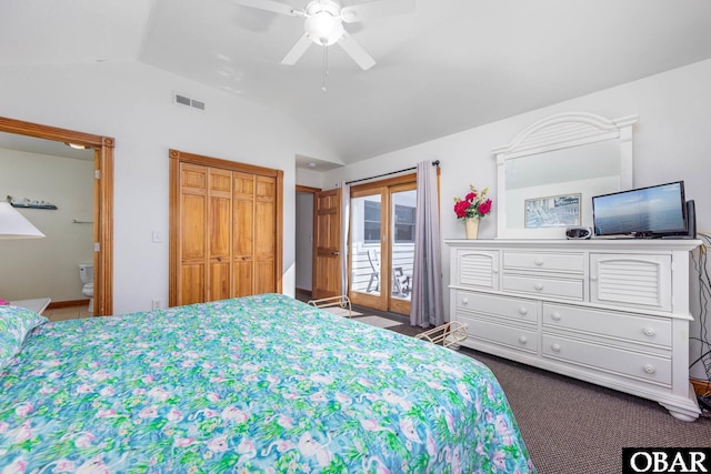 bedroom with access to exterior, lofted ceiling, visible vents, dark carpet, and ceiling fan