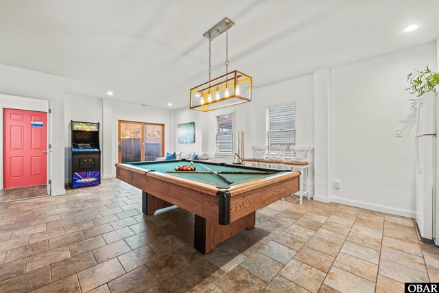 recreation room featuring baseboards, stone finish flooring, billiards, and recessed lighting