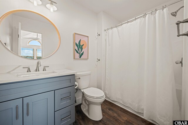 full bathroom featuring toilet, wood finished floors, and vanity