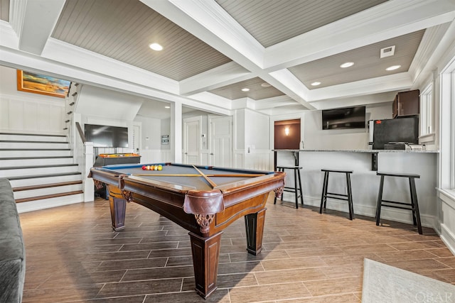 rec room with wood tiled floor, beam ceiling, coffered ceiling, and billiards