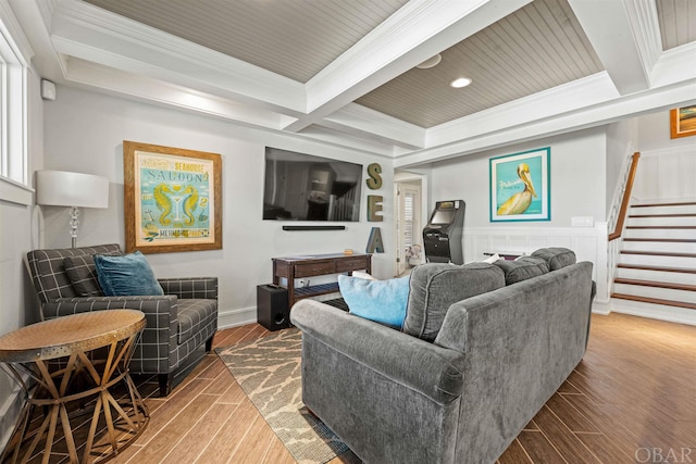 living room featuring stairs, wood finished floors, beam ceiling, and crown molding