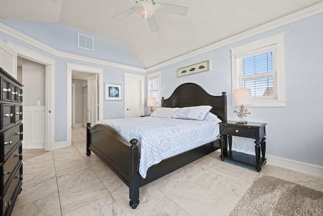 bedroom with visible vents, vaulted ceiling, baseboards, and multiple windows