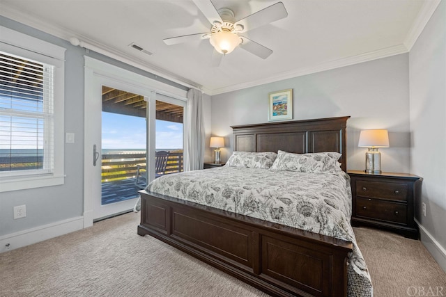 bedroom featuring visible vents, baseboards, light colored carpet, ornamental molding, and access to outside