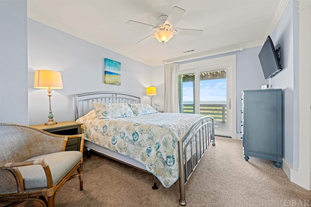 carpeted bedroom featuring access to outside, visible vents, a ceiling fan, and crown molding