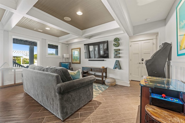 living room featuring wood tiled floor, coffered ceiling, beamed ceiling, and baseboards