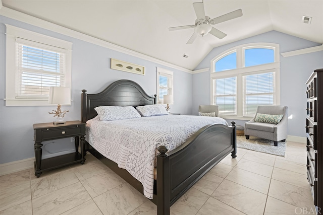 bedroom featuring lofted ceiling, marble finish floor, visible vents, and baseboards