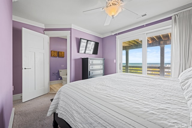 bedroom with light carpet, baseboards, visible vents, access to outside, and crown molding