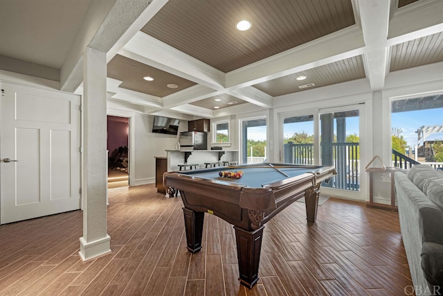 recreation room with recessed lighting, pool table, wood finish floors, coffered ceiling, and beam ceiling