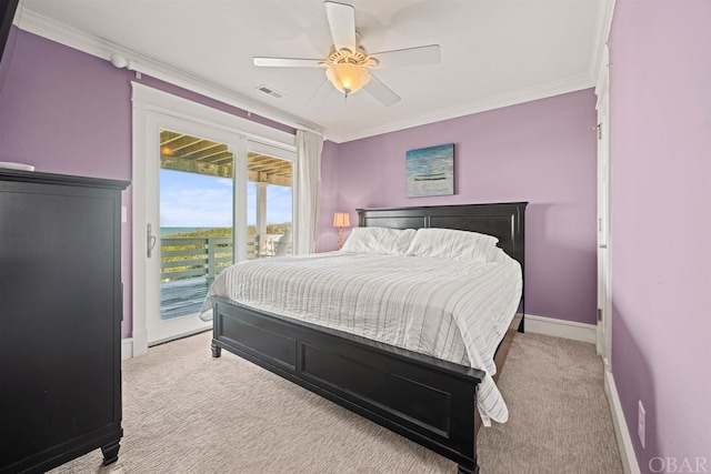 bedroom with crown molding, visible vents, light carpet, access to outside, and baseboards