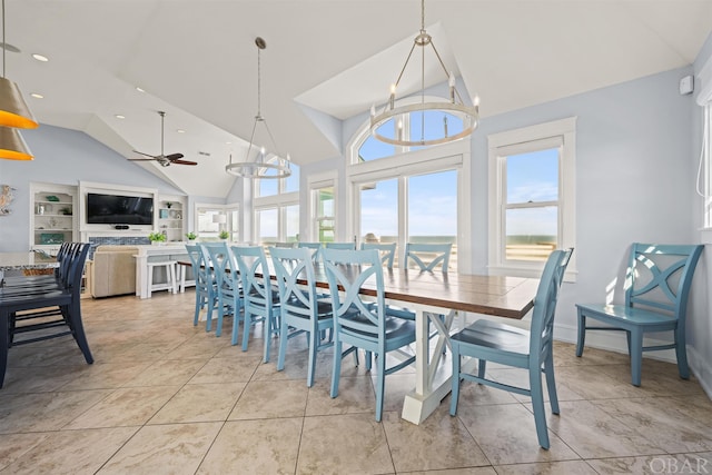 dining space featuring recessed lighting, vaulted ceiling, baseboards, and light tile patterned floors