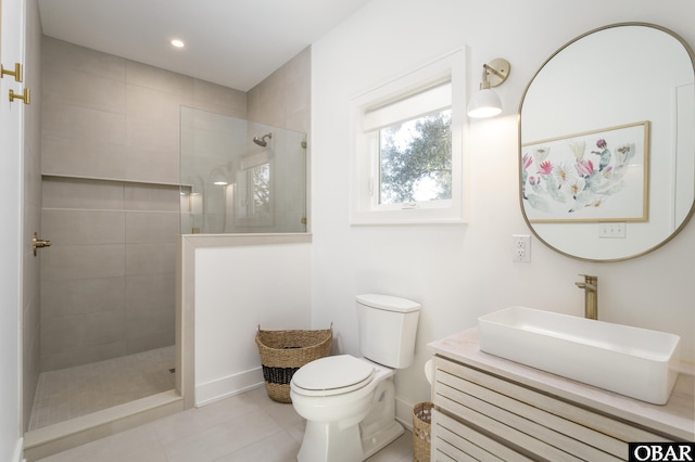 full bath featuring toilet, tile patterned flooring, vanity, a walk in shower, and recessed lighting