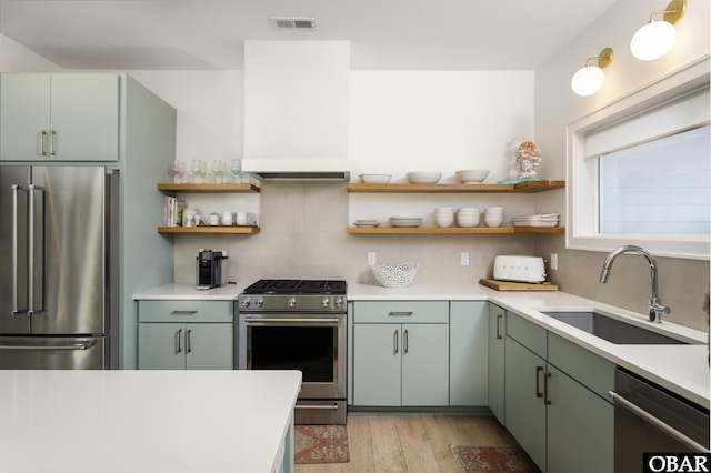 kitchen featuring visible vents, appliances with stainless steel finishes, light countertops, and a sink