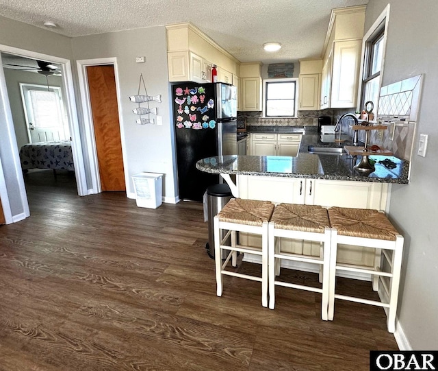 kitchen with a sink, freestanding refrigerator, tasteful backsplash, a peninsula, and dark wood-type flooring