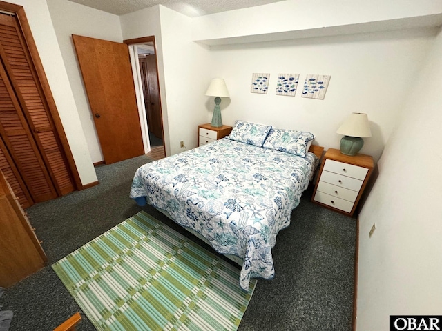 bedroom featuring carpet floors, a closet, and a textured ceiling