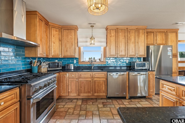 57236 Atlantic View Dr Lot 3, Hatteras, NC 27943 - kitchen with wall chimney exhaust hood, stainless steel appliances, a sink, tasteful backsplash, and healthy amount of natural light