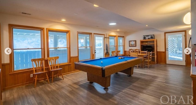 rec room featuring dark wood-style floors, pool table, wainscoting, and recessed lighting