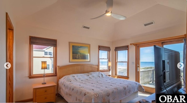 bedroom with access to outside, visible vents, ceiling fan, and lofted ceiling