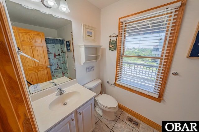 bathroom featuring tile patterned flooring, visible vents, baseboards, toilet, and vanity