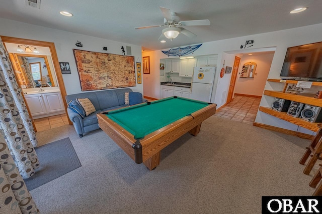 rec room featuring billiards, light tile patterned floors, recessed lighting, and baseboards