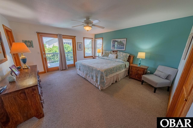 bedroom featuring a ceiling fan, access to outside, light colored carpet, and baseboards