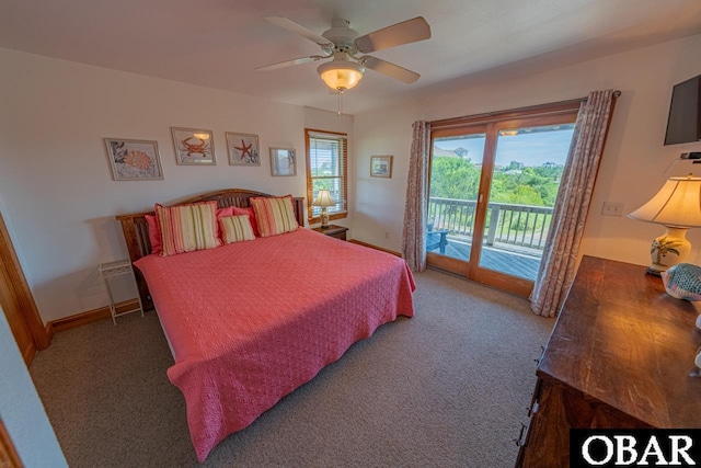 carpeted bedroom with access to exterior, a ceiling fan, and baseboards