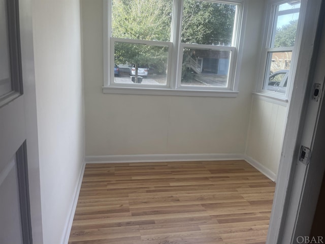 spare room featuring a healthy amount of sunlight, light wood-type flooring, and baseboards