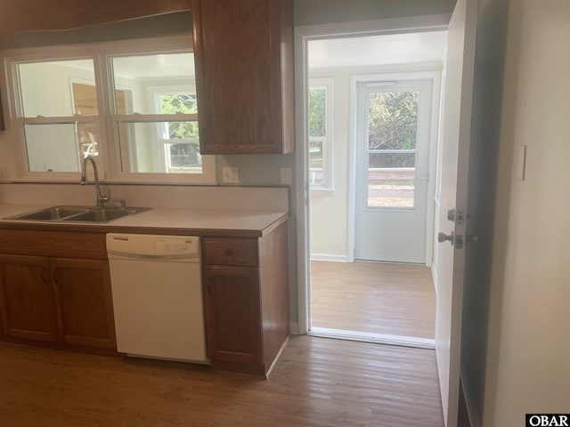 kitchen with light wood-style floors, a healthy amount of sunlight, dishwasher, and a sink