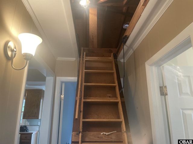 staircase featuring ornamental molding