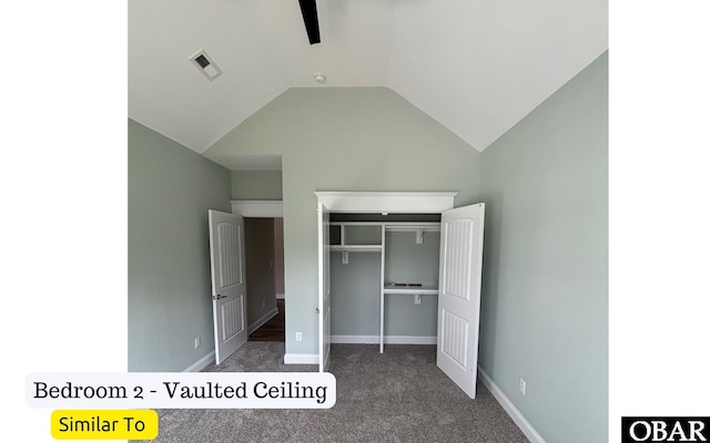 172 Charleston Dr Lot 163, Grandy, NC 27939 - unfurnished bedroom with carpet floors, a closet, and vaulted ceiling
