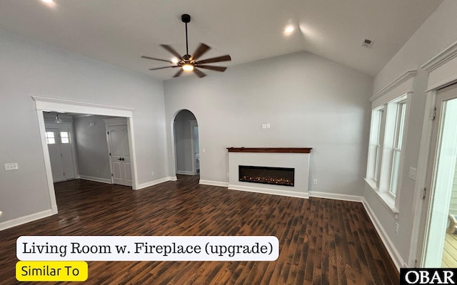 172 Charleston Dr Lot 163, Grandy, NC 27939 - unfurnished living room featuring a ceiling fan, wood finished floors, a warm lit fireplace, arched walkways, and lofted ceiling