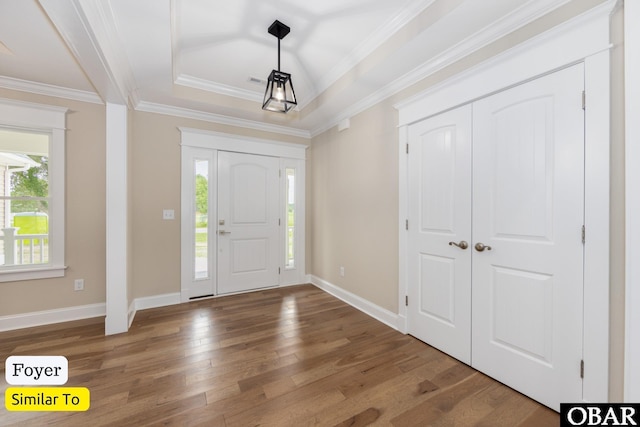 172 Charleston Dr Lot 163, Grandy, NC 27939 - foyer with wood finished floors, a tray ceiling, and ornamental molding