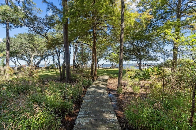 surrounding community with a water view and fence