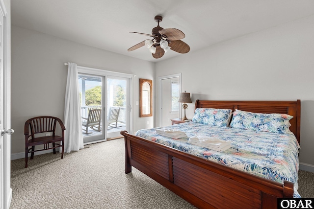 bedroom featuring access to outside, carpet flooring, baseboards, and a ceiling fan